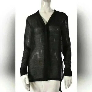 HELMUT LANG Black Sheer Crinkle Rolled 100% Silk Long Top Blouse Small 2/4  USA